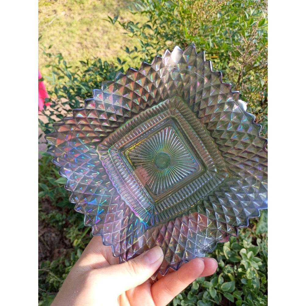 Indiana Glass Diamond Point Square Candy Dish 7" Smoke Iridescent